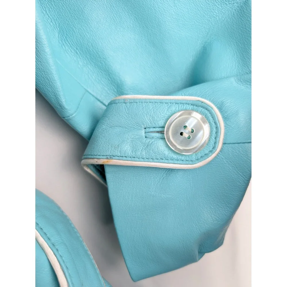 Wilsons Leather Maxima Trench Coat Womens L Turquoise Blue Leather Belted Jacket - Picture 8 of 10
